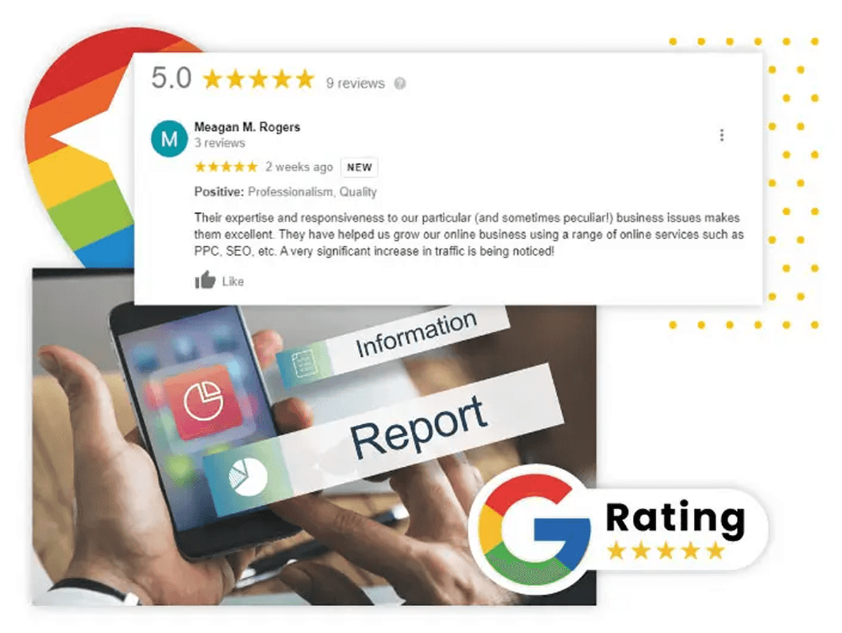 Five-star Google review praising a business's professionalism and quality, with a Google rating badge